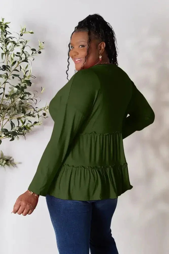 Double Take Half Button Long Sleeve Ruffle Hem Blouse - Update AvenueTrendsi100101245886166100101245886166adb43c5c3e1f4a1d9c2117650213762b - MaxArmy Green