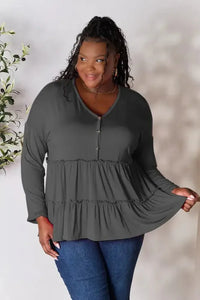 Double Take Half Button Long Sleeve Ruffle Hem Blouse - Update AvenueTrendsi1001012458883641001012458883648f352645cddf4effa6907ab17614b311 - MaxDark Gray