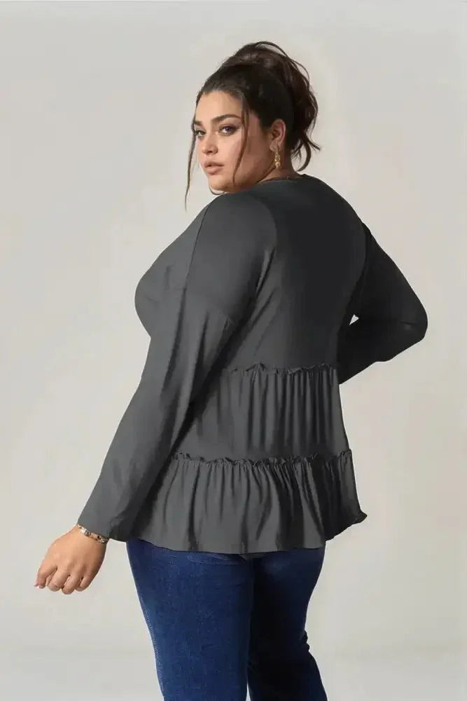 Double Take Half Button Long Sleeve Ruffle Hem Blouse - Update AvenueTrendsi10010124588836410010124588836434bb83b9 - a95a - 4d0a - 991c - 053fd87a9b18 - MaxDark Gray