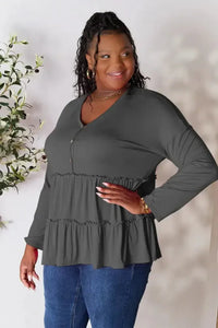Double Take Half Button Long Sleeve Ruffle Hem Blouse - Update AvenueTrendsi100101245888364100101245888364ee96950b4bda433ab4482d410a3b534c - MaxDark Gray