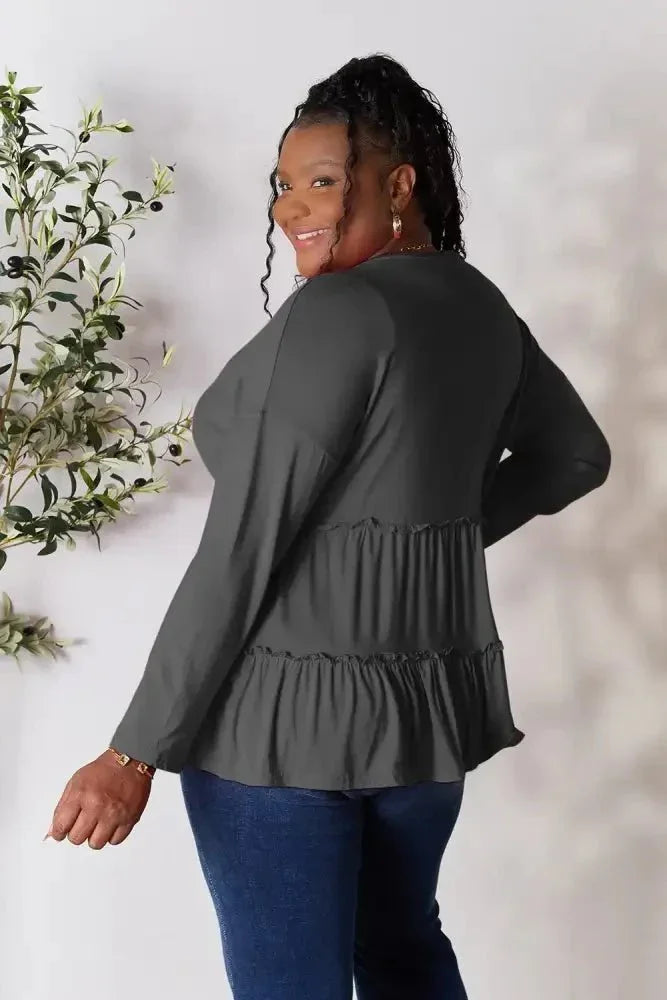 Double Take Half Button Long Sleeve Ruffle Hem Blouse - Update AvenueTrendsi100101245888364100101245888364e521c814b6874f6fb533ae51f2fe6fc0 - MaxDark Gray