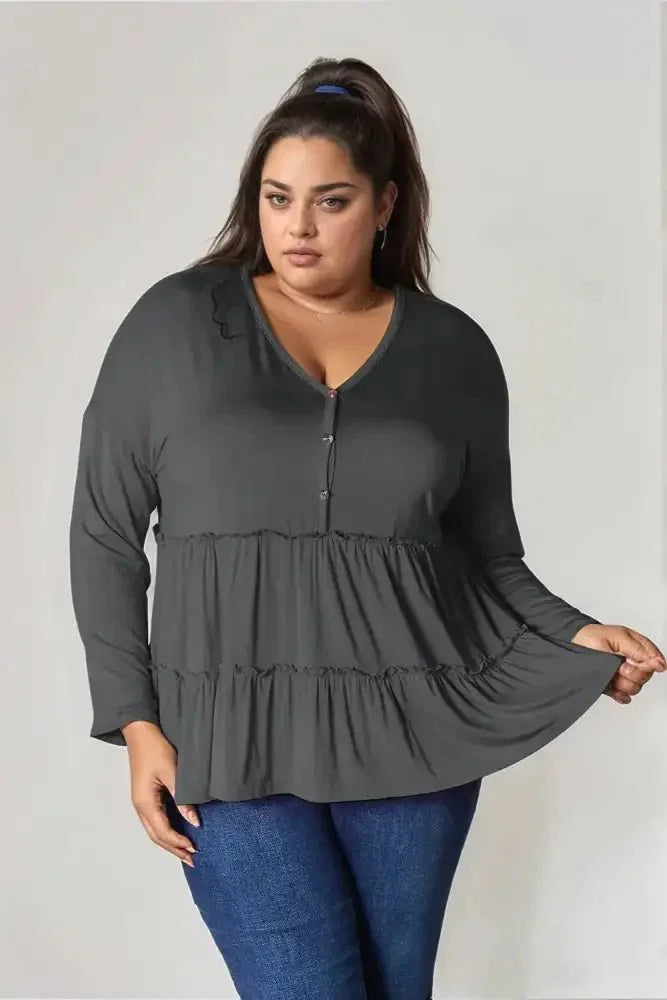 Double Take Half Button Long Sleeve Ruffle Hem Blouse - Update AvenueTrendsi10010124588836410010124588836481bce29f - 9501 - 42b7 - b624 - 376c1bb431de - MaxDark Gray