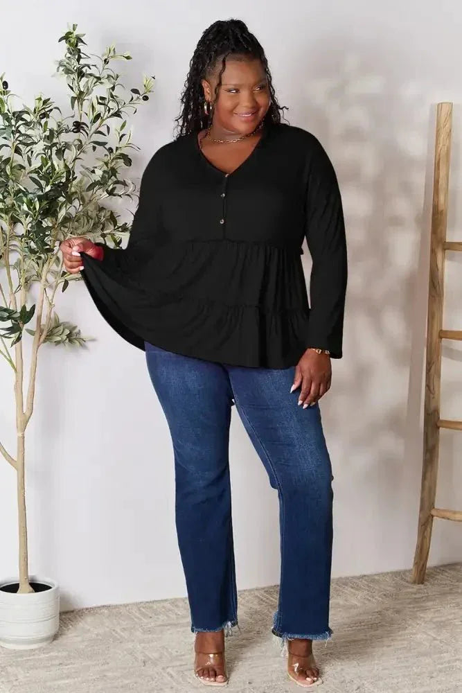 Double Take Half Button Long Sleeve Ruffle Hem Blouse - Update AvenueTrendsi100101245889078100101245889078892b3f79576e4af3a9d0de93c456a8d5 - MaxBlack