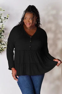 Double Take Half Button Long Sleeve Ruffle Hem Blouse - Update AvenueTrendsi100101245889078100101245889078944d6bcc4cdf4dd9ba93d5dabf965b7c - MaxBlack