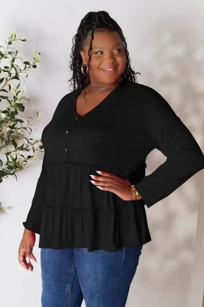 Double Take Half Button Long Sleeve Ruffle Hem Blouse - Update AvenueTrendsi100101245889078100101245889078ad63cff946194fdaa95cde984e012a33 - MaxBlack