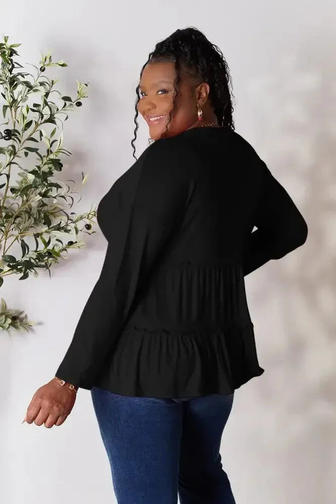 Double Take Half Button Long Sleeve Ruffle Hem Blouse - Update AvenueTrendsi1001012458890781001012458890788a78c0f7344d4b45a734567db1dd91f6 - MaxBlack