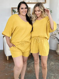 Double Take Texture Half Sleeve T-Shirt and Drawstring Shorts Set - Update AvenueTrendsi10010015563432210010015563432269543dc6 - b703 - 4eff - a46a - e4dbaf9c88a2 - MaxGold