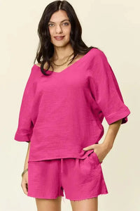 Double Take Texture Half Sleeve T-Shirt and Drawstring Shorts Set - Update AvenueTrendsi100100155637941100100155637941d1f55022 - f2f4 - 438b - b47a - 44b74fe89c0e - MaxHot Pink