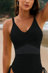 Drawstring Ruched V - Neck One - Piece Swimwear - Update AvenueVacation StyleTrendsi100100348341184100100348341184dbd24f46 - 28bb - 47e4 - bf4b - 769eef469f83 - MaxBlack