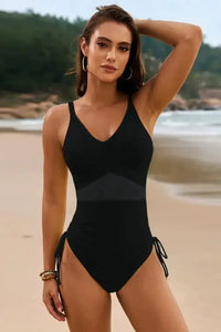 Drawstring Ruched V - Neck One - Piece Swimwear - Update AvenueVacation StyleTrendsi1001003483411841001003483411845d8e6bf6 - bc7a - 4168 - b0d8 - f8fe4ba3c9c4 - MaxBlack