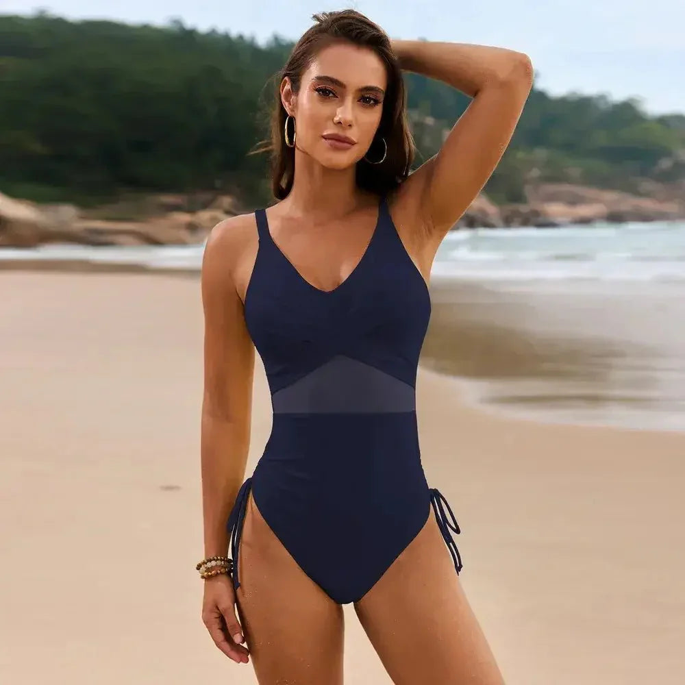 Drawstring Ruched V - Neck One - Piece Swimwear - Update AvenueVacation StyleTrendsi10010034834160510010034834160595b76aa3 - bb28 - 438a - a229 - 38fc1516c16a - MaxDark Navy
