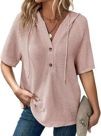 Drawstring Waffle - Knit Short Sleeve Hooded Top - Update AvenueT-ShirtsTrendsi100100465161165100100465161165613b881d - 9902 - 412b - b12c - 4783265d7f8c - Max - OriginDusty Pink