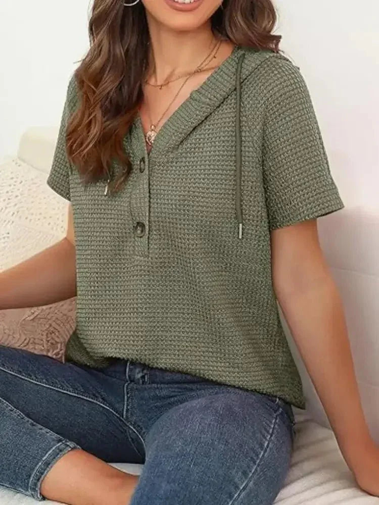 Drawstring Waffle - Knit Short Sleeve Hooded Top - Update AvenueT-ShirtsTrendsi100100465161696100100465161696fb769cb2 - 7f17 - 47da - 9962 - 7108e0db4678 - Max - OriginMoss