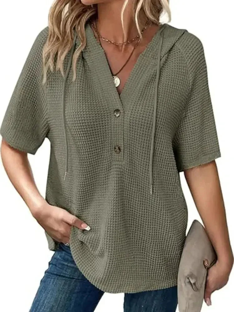 Drawstring Waffle - Knit Short Sleeve Hooded Top - Update AvenueT-ShirtsTrendsi10010046516169610010046516169652504b96 - 4d50 - 4e59 - a01b - 16802047bea6 - Max - OriginMoss