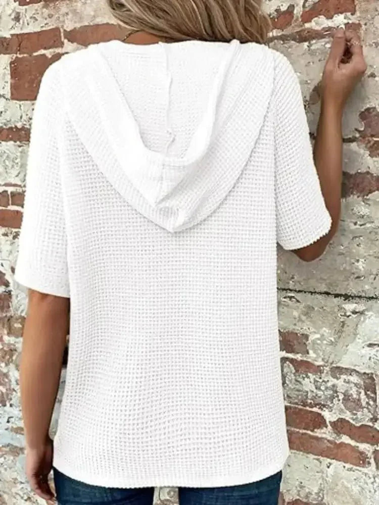 Drawstring Waffle - Knit Short Sleeve Hooded Top - Update AvenueT-ShirtsTrendsi100100465161958100100465161958123ca117 - 9e84 - 4c2c - b056 - a720d498ecff - Max - OriginWhite