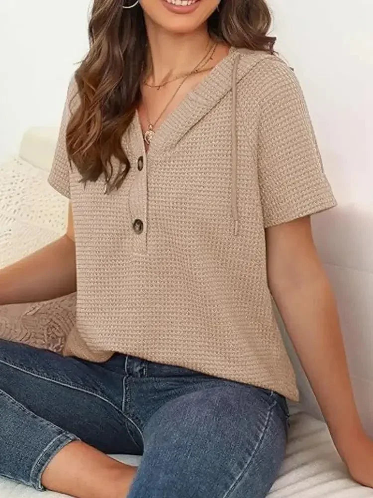 Drawstring Waffle - Knit Short Sleeve Hooded Top - Update AvenueT-ShirtsTrendsi10010046516211510010046516211542b5d0de - 8e64 - 4d0f - 8024 - ecd9f4a92347 - Max - OriginCamel