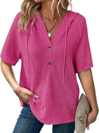 Drawstring Waffle - Knit Short Sleeve Hooded Top - Update AvenueT-ShirtsTrendsi10010046516260810010046516260894236caa - 2662 - 4662 - 85d2 - e3b4e83f0ea7 - Max - OriginHot Pink