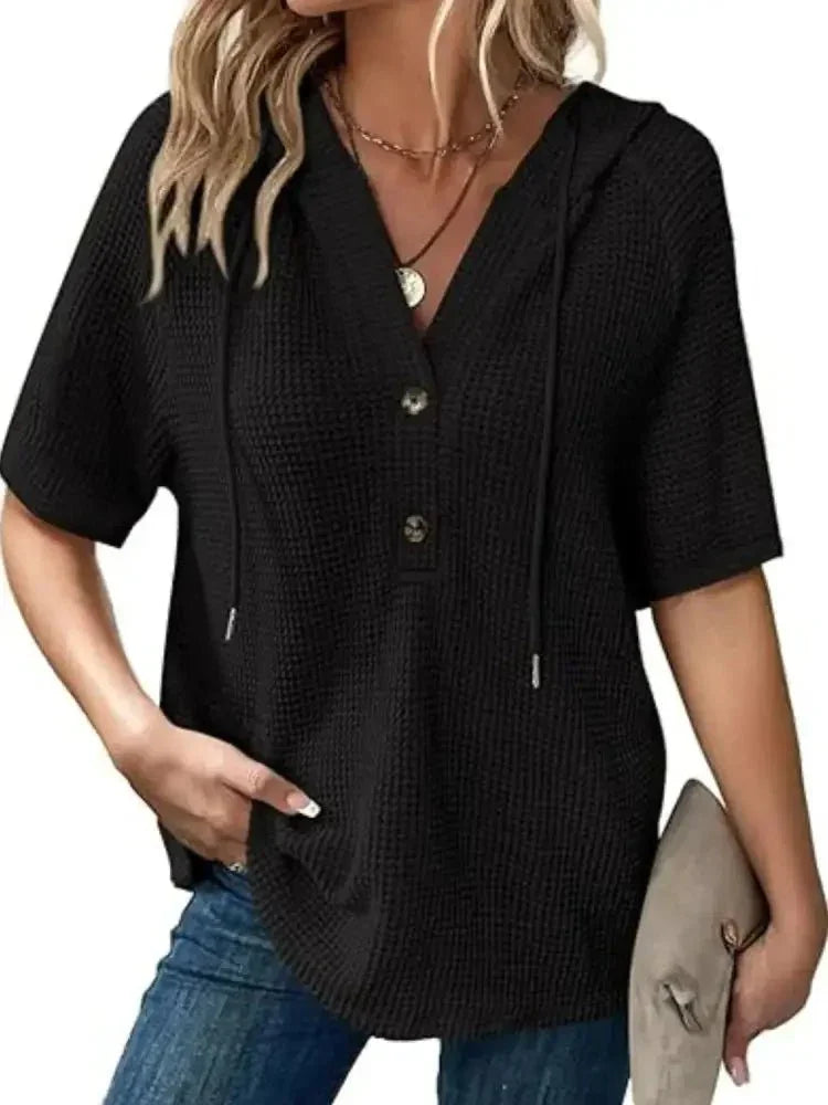 Drawstring Waffle - Knit Short Sleeve Hooded Top - Update AvenueT-ShirtsTrendsi1001004651669381001004651669384a424f19 - 1567 - 4a87 - be59 - 406b1aa7a0d7 - Max - OriginBlack