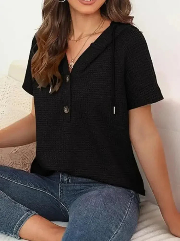 Drawstring Waffle - Knit Short Sleeve Hooded Top - Update AvenueT-ShirtsTrendsi1001004651669381001004651669385e24515d - aa38 - 4b93 - b569 - 68d4e1895f36 - Max - OriginBlack