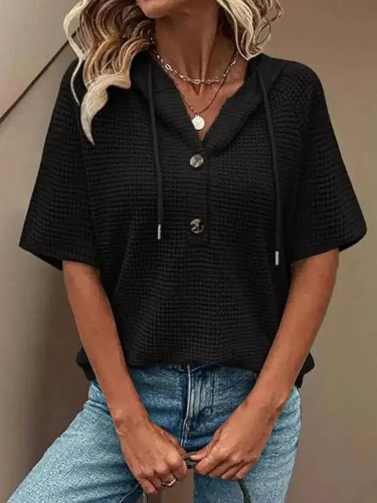 Drawstring Waffle - Knit Short Sleeve Hooded Top - Update AvenueT-ShirtsTrendsi100100465166938100100465166938a1db3f24 - 5d8c - 4c72 - 94c2 - f1df6cb9156d - Max - OriginBlack