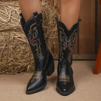 Embroidered Point Toe Block Heels Boots