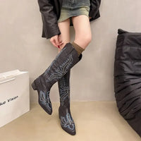 Embroidered Point Toe Block Heels Boots