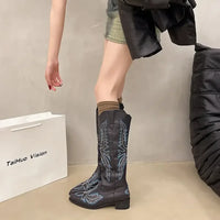 Embroidered Point Toe Block Heels Boots