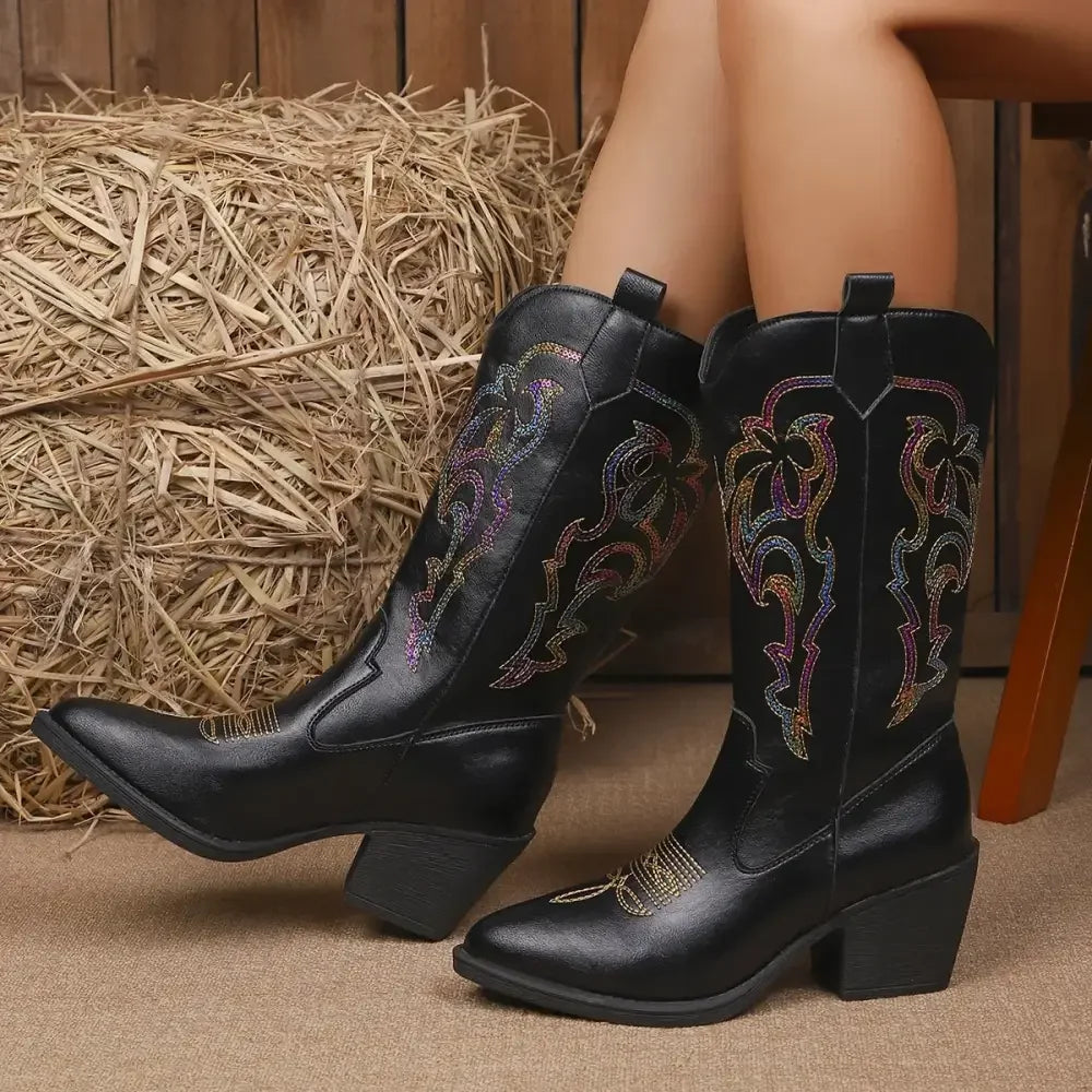Embroidered Point Toe Block Heels Boots