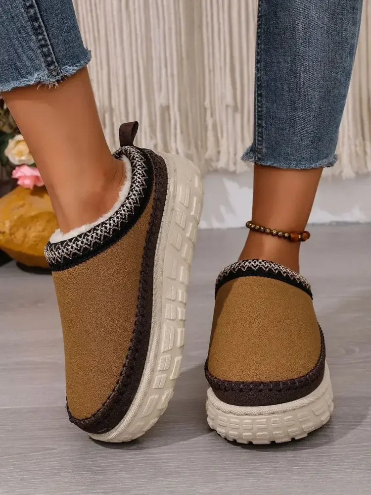 Embroidered Trim Round Toe Platform Boots