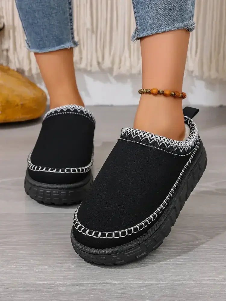 Embroidered Trim Round Toe Platform Boots