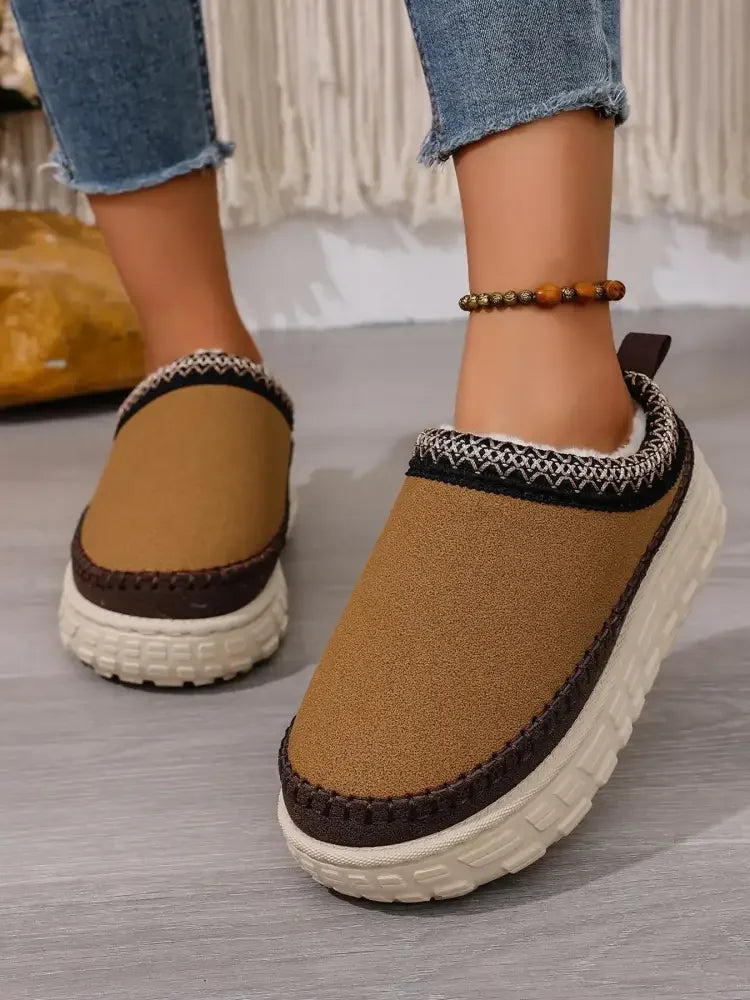 Embroidered Trim Round Toe Platform Boots