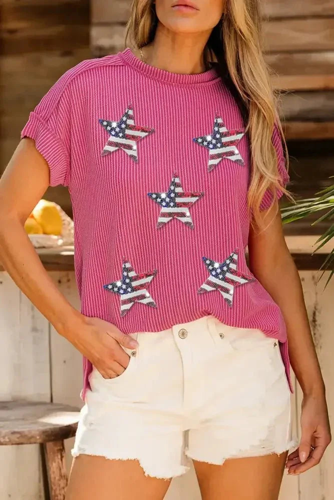 Exposed Seam Star Round Neck Short Sleeve Top - Update AvenueHonor the Stars and StripesTrendsi10010013776174110010013776174115ab91b7 - b60f - 4dc6 - 8a4a - fffe27e53c8f - MaxHot Pink