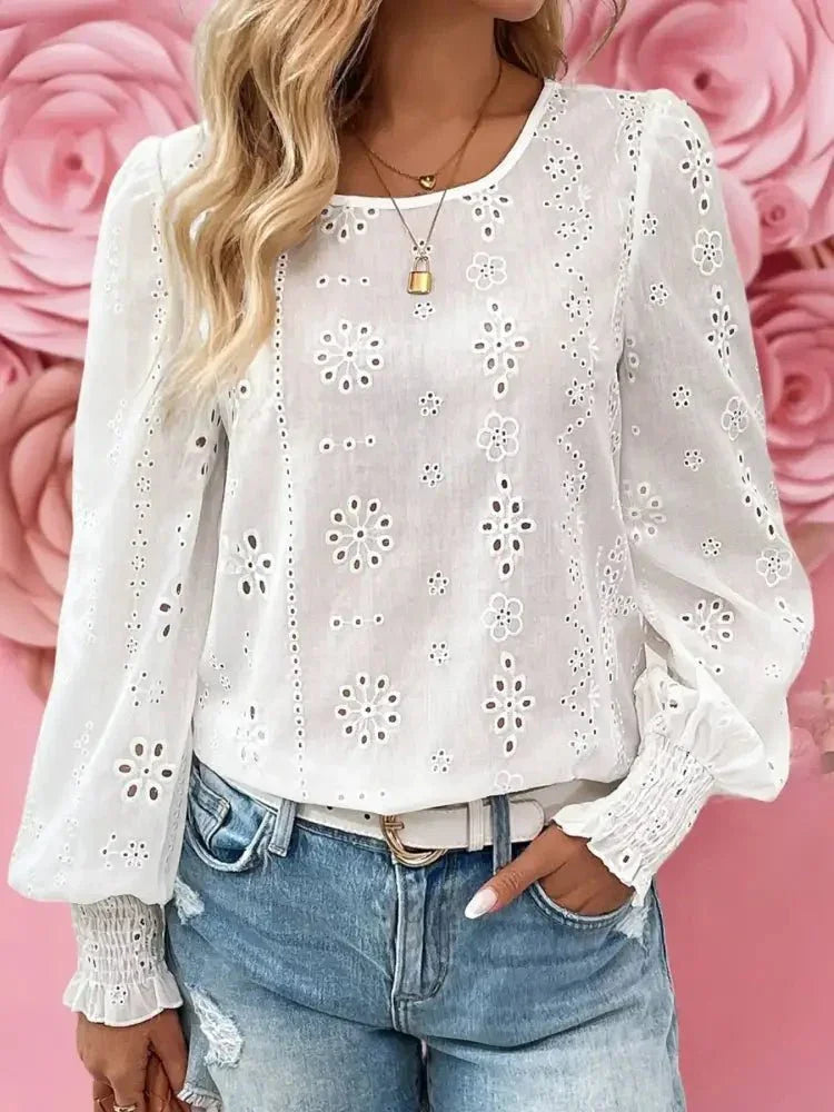 Eyelet Long Sleeve Blouse with Elastic Cuffs - Update AvenueTrendsi100100224791054100100224791054096441c8 - b91c - 4d63 - 81ba - a68fd09e2271 - Max - OriginWhite
