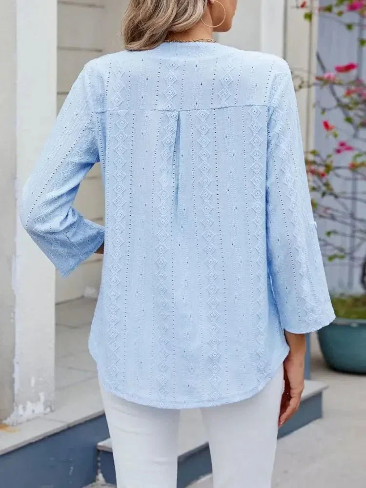 Eyelet Notched Roll - Tab Sleeve Top - Update AvenueT-ShirtsTrendsi10010051751984810010051751984814a66ffe - dd80 - 4217 - a857 - 18a52a003939 - Max - OriginLight Blue