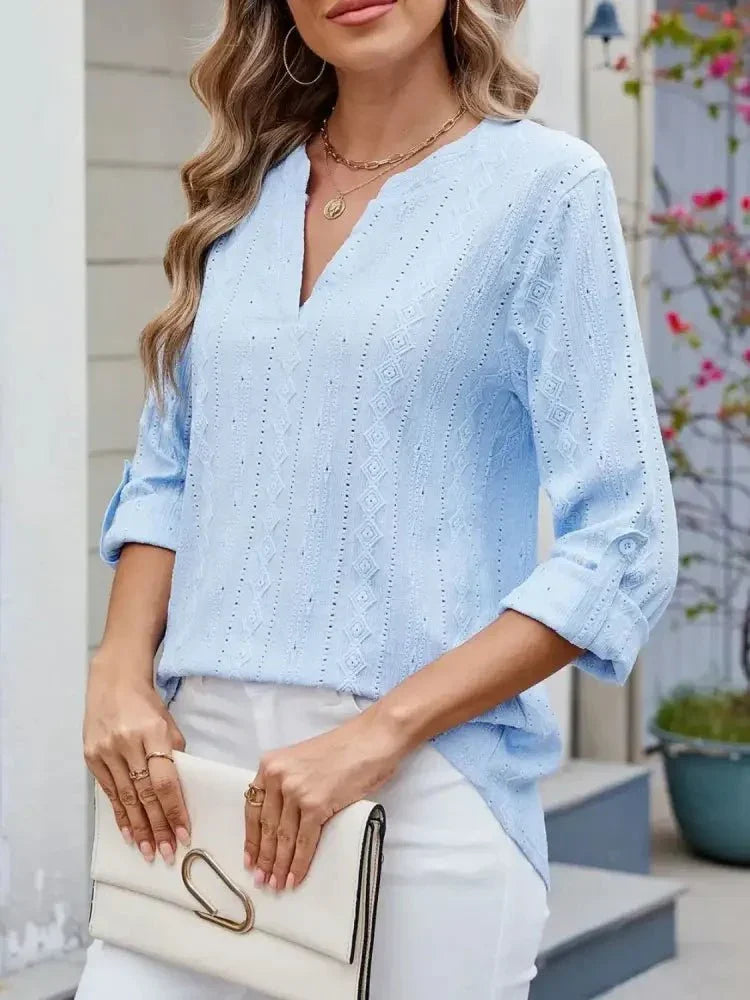 Eyelet Notched Roll - Tab Sleeve Top - Update AvenueT-ShirtsTrendsi100100517519848100100517519848026b9b82 - 9d69 - 4501 - aed7 - ae95b11f0b8c - Max - OriginLight Blue