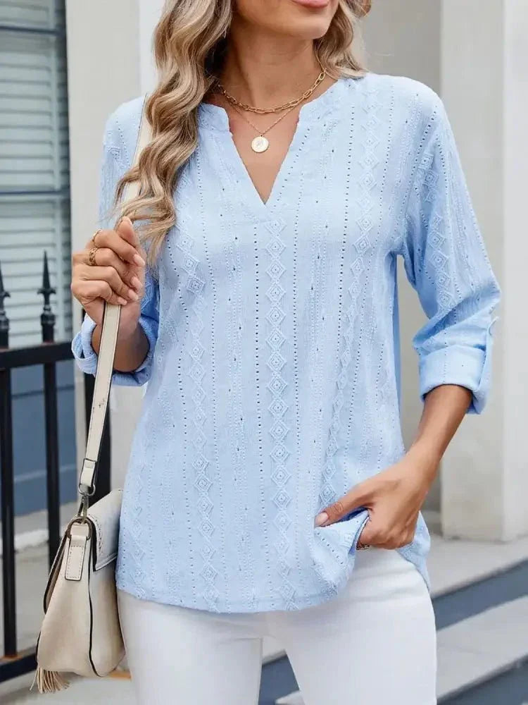 Eyelet Notched Roll - Tab Sleeve Top - Update AvenueT-ShirtsTrendsi100100517519848100100517519848fb0dcc49 - e81c - 49e5 - a63c - 12e4e3591b2c - Max - OriginLight Blue