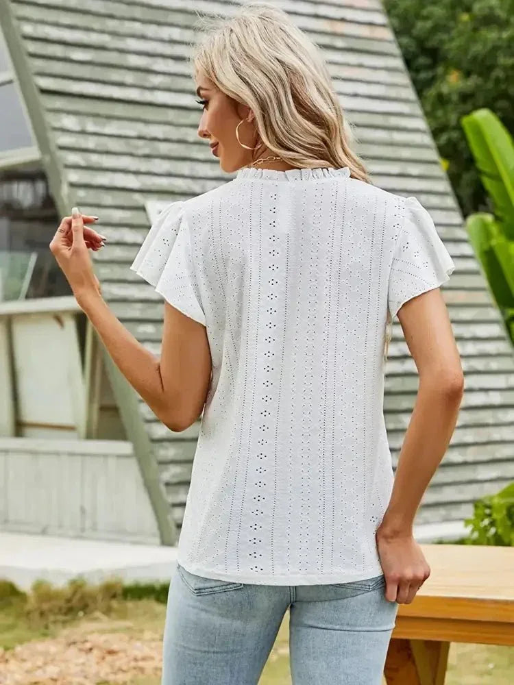 Eyelet Notched Short Sleeve T-Shirt - Update AvenueT-ShirtsTrendsi1001004530019321001004530019324afac57c7b7c49cca93433c3b5b82d29 - Max - OriginWhite
