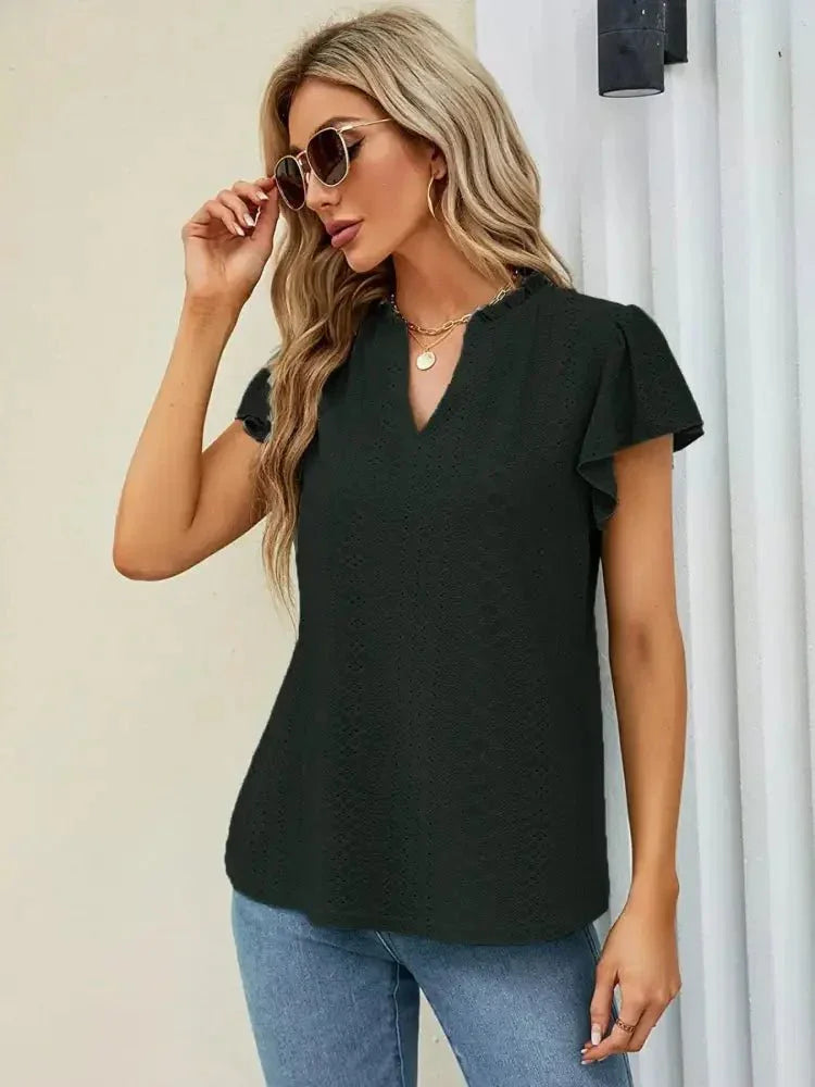 Eyelet Notched Short Sleeve T-Shirt - Update AvenueT-ShirtsTrendsi100100453006257100100453006257da4b1d77cace4ca4aeec6cce03462b2a - Max - OriginBlack