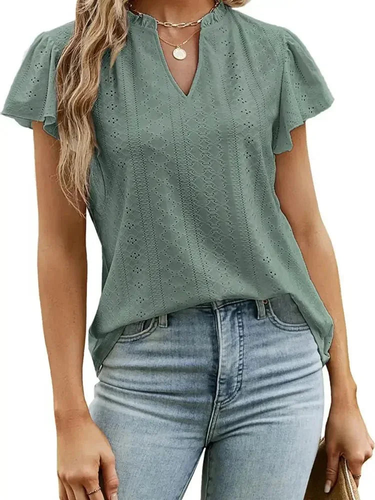 Eyelet Notched Short Sleeve T-Shirt - Update AvenueT-ShirtsTrendsi10010045300812110010045300812173948b019cf344c99ab7f949010c47a5 - Max - OriginGreen