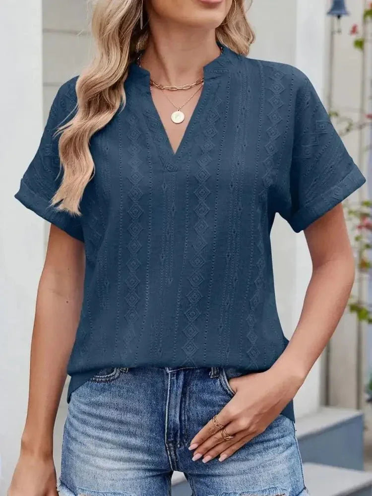 Eyelet Notched Short Sleeve Top - Update AvenueT-ShirtsTrendsi1001002438203201001002438203204af8ad9c - 06b1 - 4b38 - b559 - 191824b8379a - Max - OriginFrench Blue