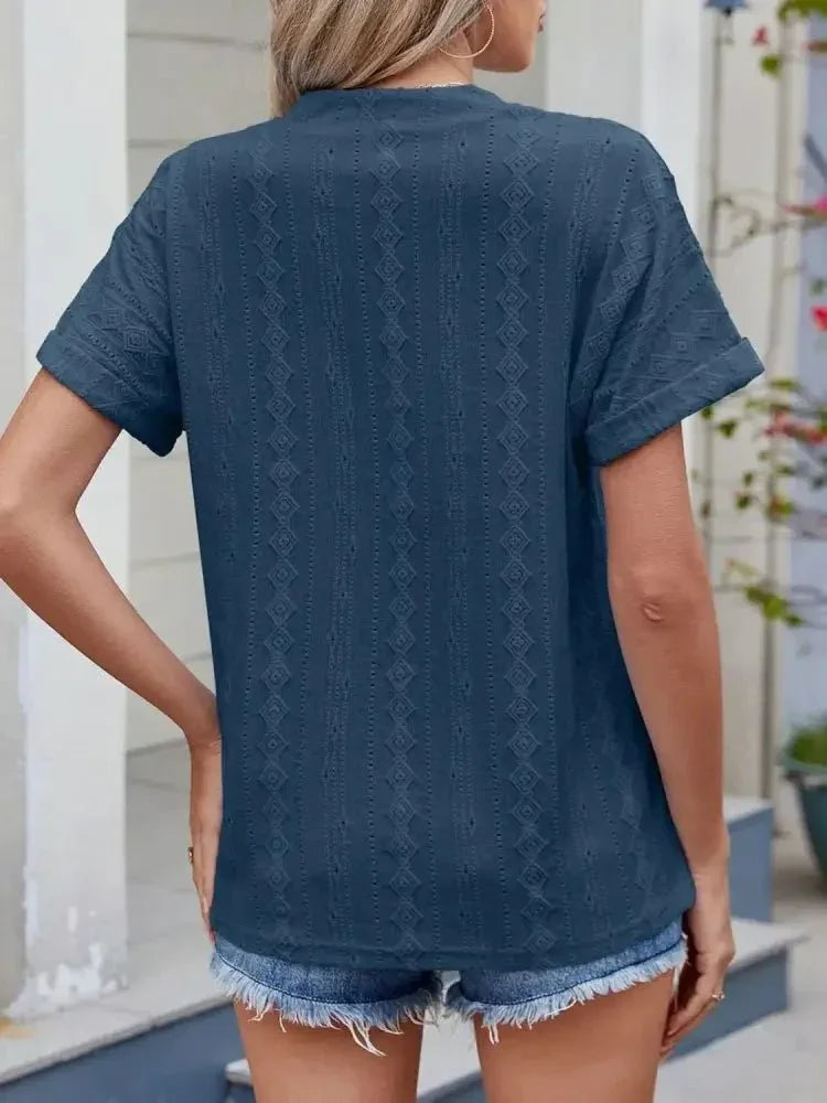 Eyelet Notched Short Sleeve Top - Update AvenueT-ShirtsTrendsi1001002438203201001002438203203a2b2536 - 6a04 - 4c04 - ad80 - 55333f73abe8 - Max - OriginFrench Blue
