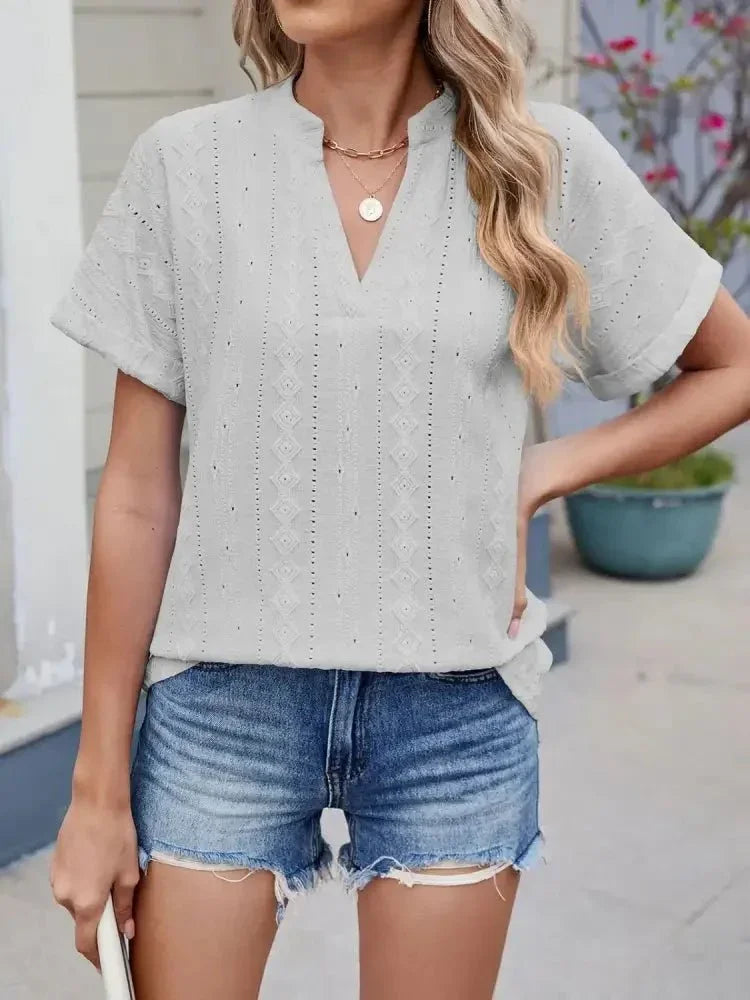 Eyelet Notched Short Sleeve Top - Update AvenueT-ShirtsTrendsi1001002438230151001002438230151d75908e - bec6 - 4d17 - a87e - 6767d6292cdc - Max - OriginLight Gray