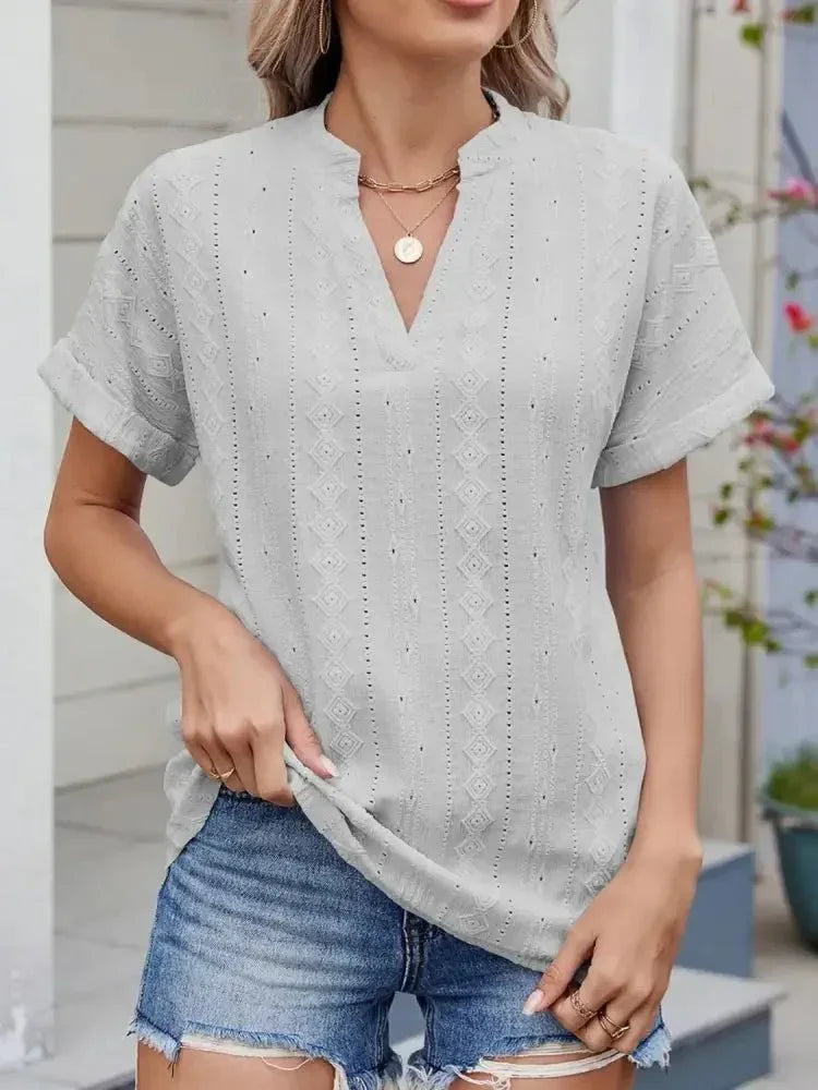 Eyelet Notched Short Sleeve Top - Update AvenueT-ShirtsTrendsi1001002438230151001002438230155fad5388 - 1565 - 495c - 89aa - 9f29435884ab - Max - OriginLight Gray