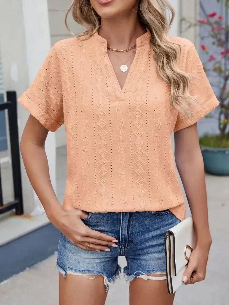 Eyelet Notched Short Sleeve Top - Update AvenueT-ShirtsTrendsi100100243823556100100243823556efbc543b - 6e9c - 4d7a - a271 - 42577f1001f9 - Max - OriginSherbet