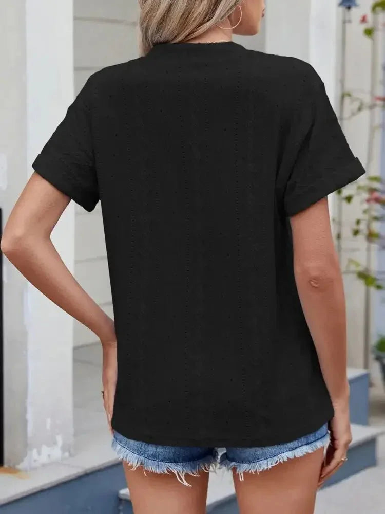 Eyelet Notched Short Sleeve Top - Update AvenueT-ShirtsTrendsi1001002438249031001002438249030a356a8a - eab2 - 4e98 - 921f - d7046bba9d62 - Max - OriginBlack