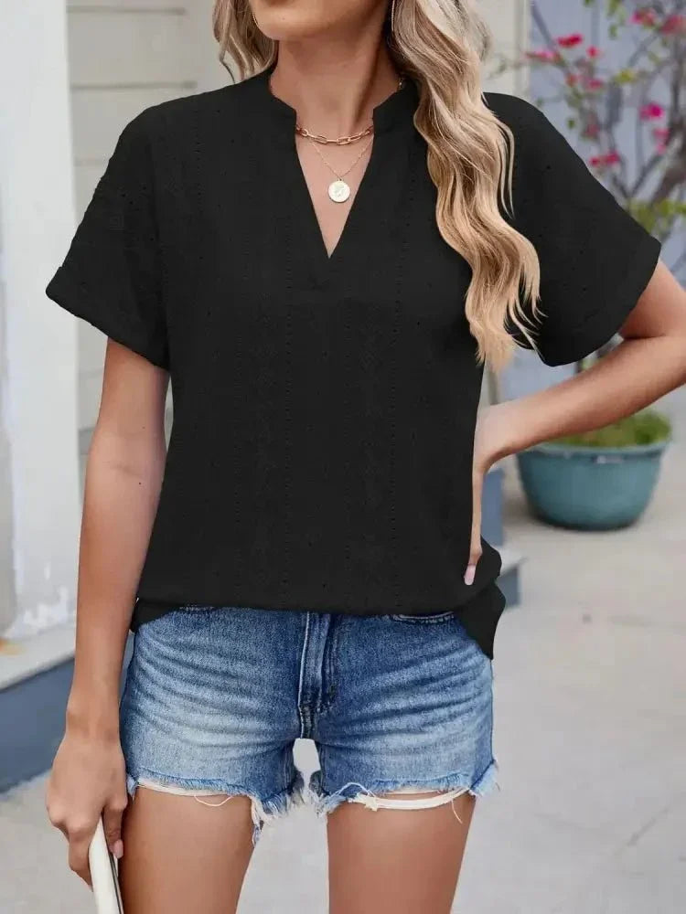 Eyelet Notched Short Sleeve Top - Update AvenueT-ShirtsTrendsi100100243824903100100243824903460d60c2 - ab16 - 4e00 - b42f - 22c230e725f1 - Max - OriginBlack