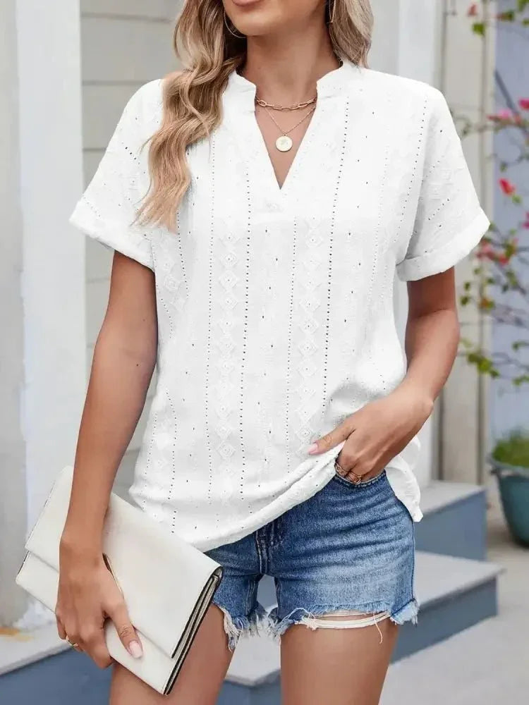 Eyelet Notched Short Sleeve Top - Update AvenueT-ShirtsTrendsi100100243826322100100243826322e8a564b8 - 996f - 48a9 - 82c2 - 76cd2820a483 - Max - OriginWhite
