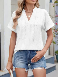 Eyelet Notched Short Sleeve Top - Update AvenueT-ShirtsTrendsi1001002438263221001002438263223b10fe8b - 5ad8 - 4879 - b034 - 67e36b0638ef - Max - OriginWhite