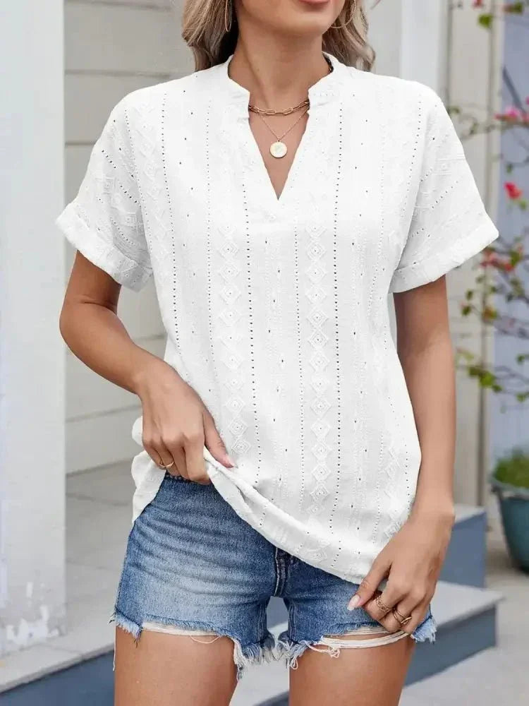 Eyelet Notched Short Sleeve Top - Update AvenueT-ShirtsTrendsi100100243826322100100243826322240a26a3 - 4975 - 4a8f - 9712 - bbb0e14c8762 - Max - OriginWhite