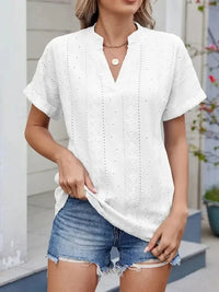 Eyelet Notched Short Sleeve Top - Update AvenueT-ShirtsTrendsi100100243826322100100243826322240a26a3 - 4975 - 4a8f - 9712 - bbb0e14c8762 - Max - OriginWhite